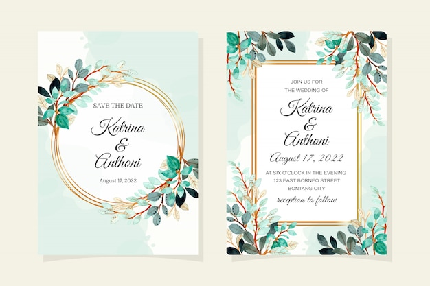 Carte D'invitation De Mariage Avec Des Feuilles Vertes Aquarelle