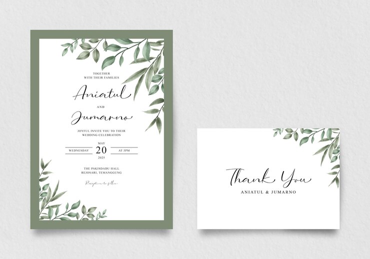 Vecteur carte d'invitation de mariage avec des feuilles vertes