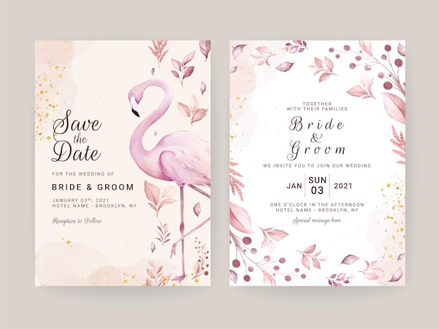 Carte D'invitation De Mariage Avec Flamant Rose Peint à La Main Et Aquarelle Florale