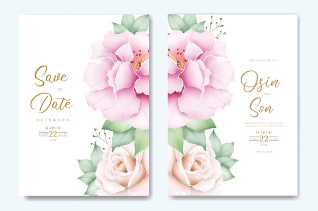 Vecteur carte d'invitation de mariage avec une fleur rose et des feuilles.
