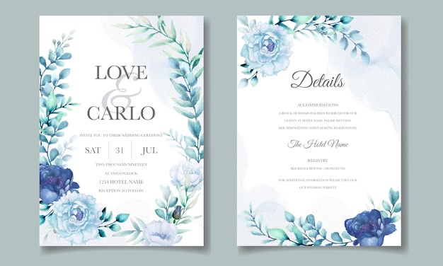 Carte D'invitation De Mariage Avec Floral Aquarelle Bleu