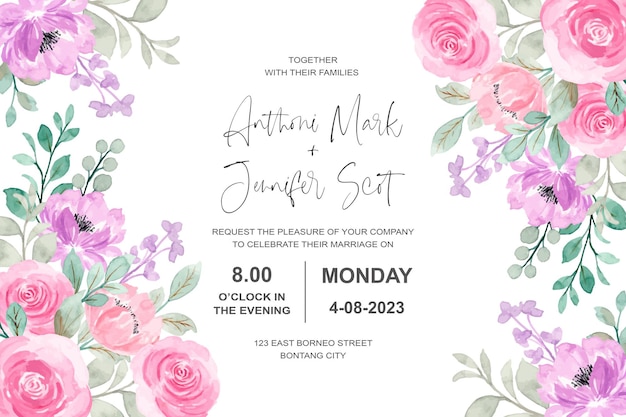 Carte D'invitation De Mariage Avec Floral Aquarelle Violet Rose