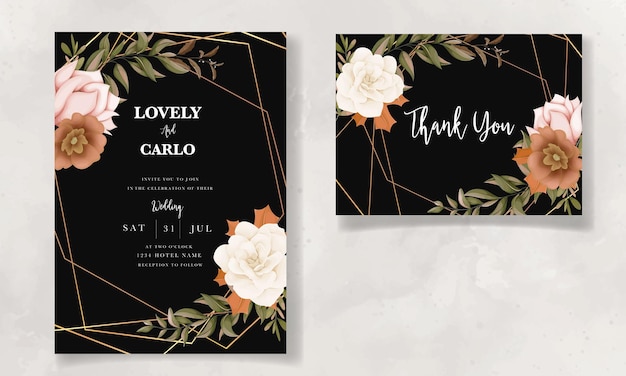 Carte D'invitation De Mariage Floral Automne Avec Fleur De Rose Et De Pin