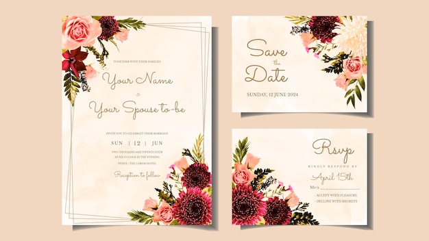 Carte d'invitation de mariage floral avec de belles fleurs vintage rustiques