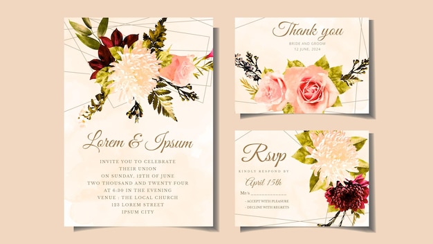 Carte D'invitation De Mariage Floral Avec De Belles Fleurs Vintage Rustiques