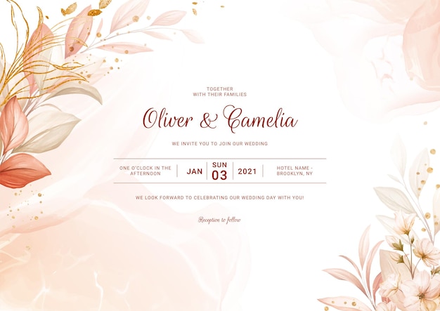 Carte D'invitation De Mariage Floral Landscpae Avec Décoration Florale Pastel. Concept De Design De Feuillage