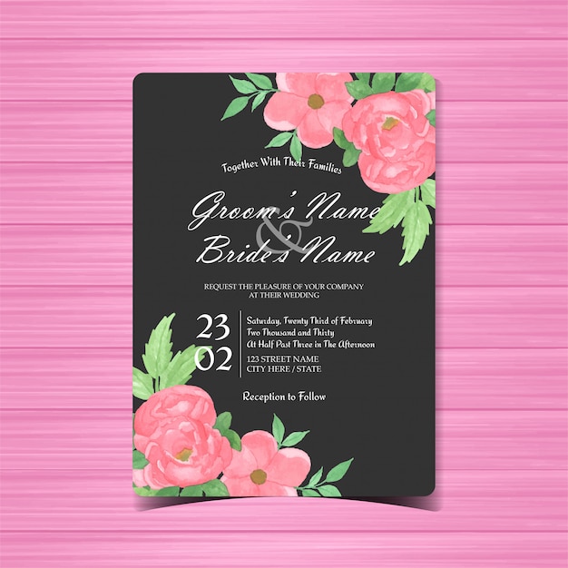 Carte D'invitation De Mariage Floral Noir Et Rose