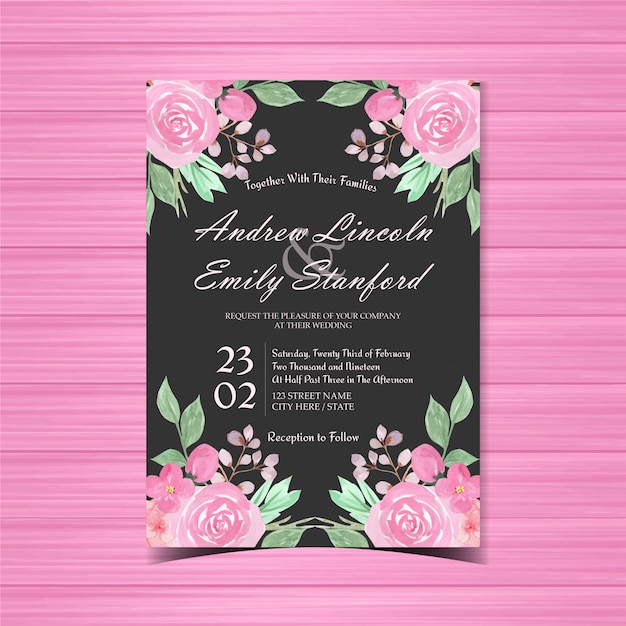 Carte D'invitation De Mariage Floral Rose Et Noir