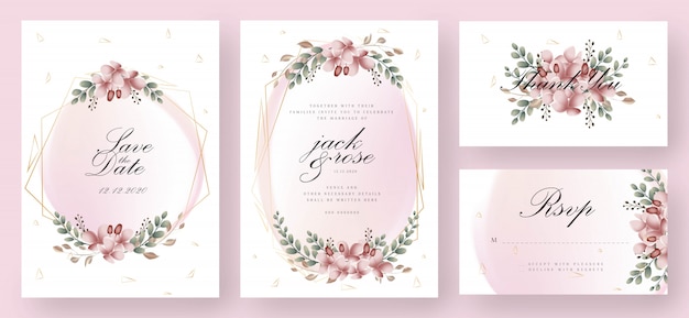 Carte D'invitation De Mariage Floral Rose Et Or