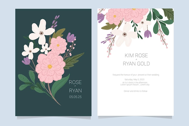 Vecteur carte d'invitation de mariage avec illustration florale dessinée à la main