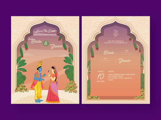 Carte d'invitation de mariage indien avec un beau couple de personnages du Seigneur Krishna et Radha