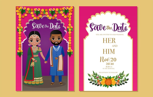 Carte d'invitation de mariage indien mignon personnage de dessin animé de couple hindou en vue avant et arrière