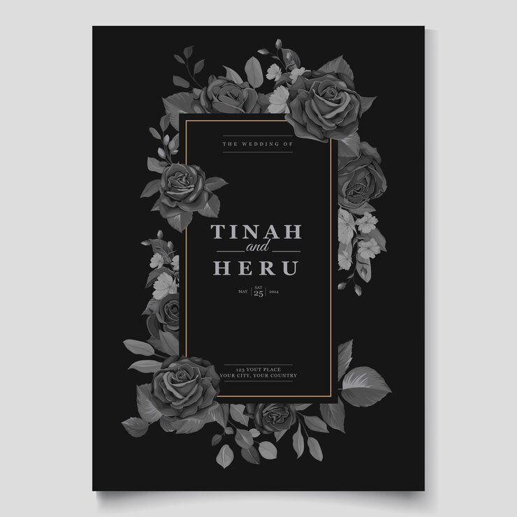 Vecteur carte d'invitation de mariage magnifique avec une couronne florale noire