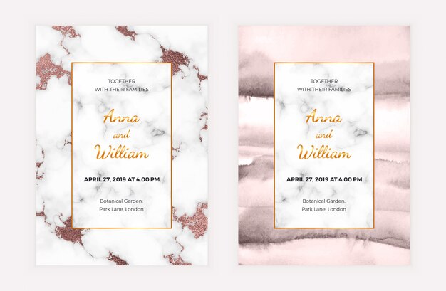 Carte D'invitation De Mariage En Marbre Avec Feuille D'or Rose Et Texture Aquarelle.