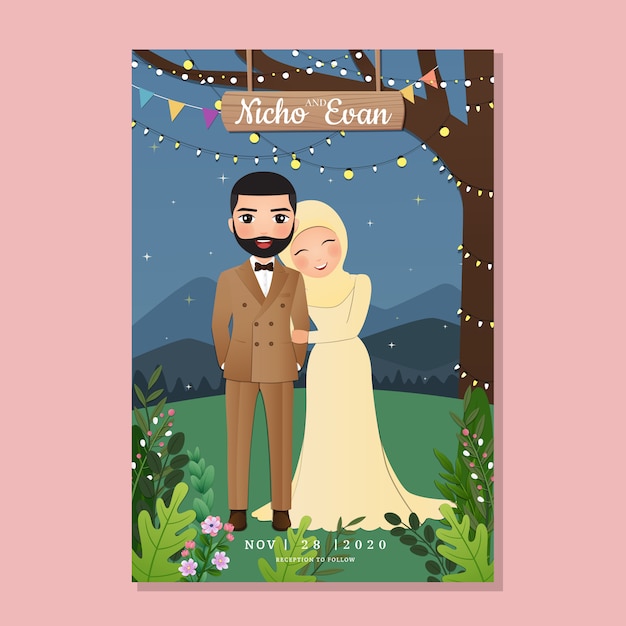 Carte D'invitation De Mariage La Mariée Et Le Marié Dessin Animé Mignon Couple Musulman Avec Paysage Beau Fond