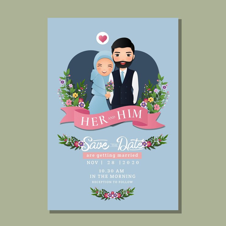 Carte d'invitation de mariage la mariée et le marié dessin animé mignon couple musulman.