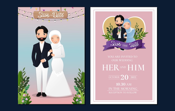 Vecteur carte d'invitation de mariage la mariée et le marié dessin animé mignon couple musulman