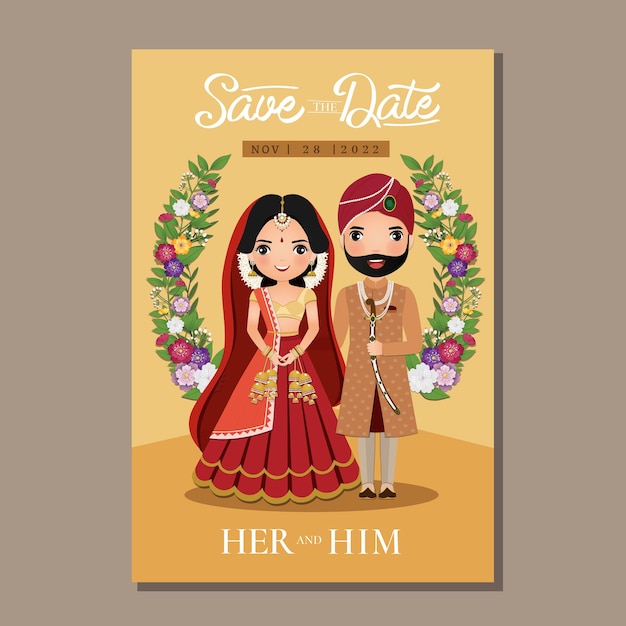 Carte D'invitation De Mariage La Mariée Et Le Marié Joli Couple En Illustration De Personnage De Dessin Animé De Robe Indienne Traditionnelle