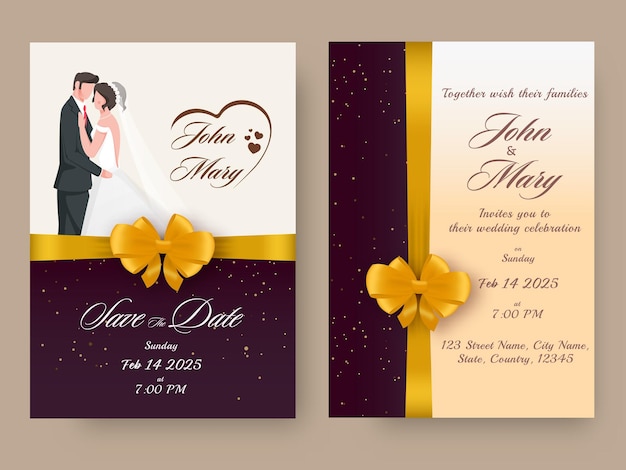 Une Carte D'invitation De Mariage Moderne Fermée Avec Un Ruban Jaune Et Un Personnage De Couple