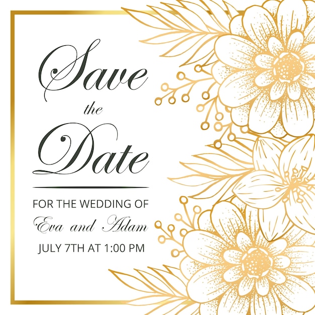 Vecteur carte d'invitation de mariage, réservez la date avec un cadre doré, des fleurs, des feuilles et des branches.