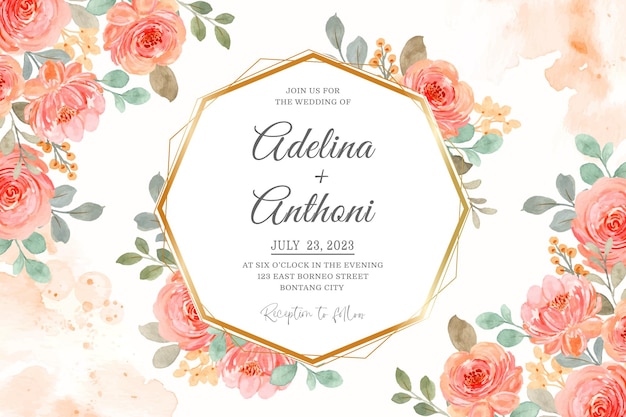 Carte D'invitation De Mariage Avec Des Roses Aquarelles Orange Rose