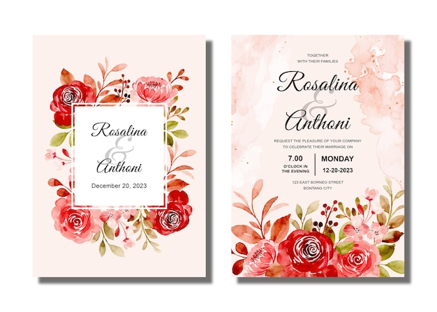 Carte D'invitation De Mariage Sertie D'aquarelle Florale Rose Marron