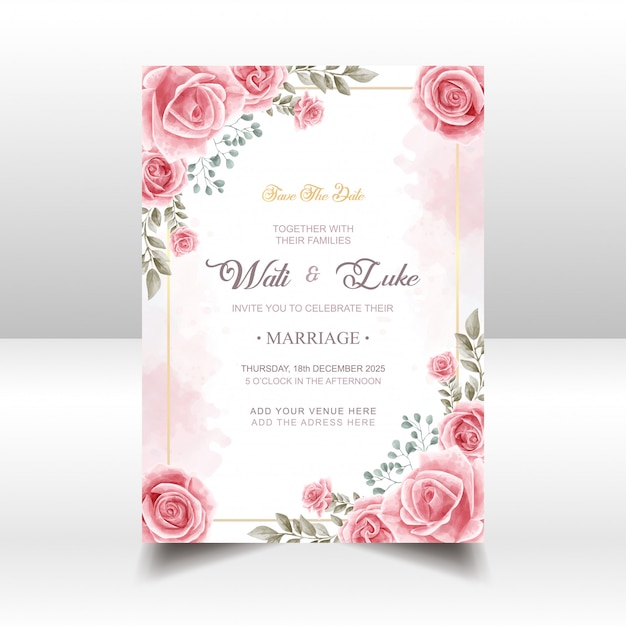 Carte D'invitation De Mariage Avec Style Aquarelle Fleur Rose Rose