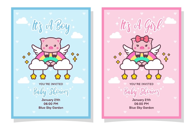 Carte D'invitation Mignon Bébé Douche Garçon Et Fille Avec Cochon, Nuage, Arc-en-ciel Et étoiles