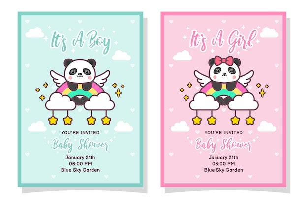 Carte D'invitation Mignon Bébé Douche Garçon Et Fille Avec Panda, Nuage, Arc-en-ciel Et étoiles