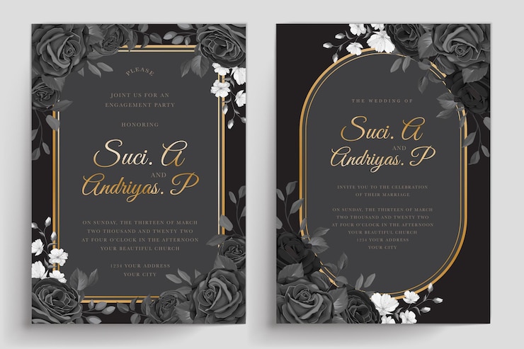 Vecteur carte d'invitation de roses noires dessinées à la main