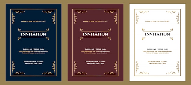 Carte d'invitation de style d'ornement vintage royal de luxe avec cadre pour invitation d'anniversaire de mariage modèle doré et noir