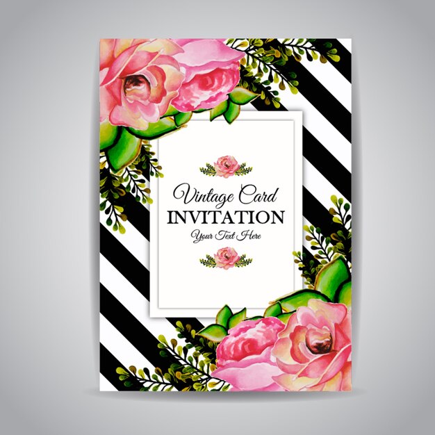 Carte D'invitation Vintage Floral Aquarelle Avec Des Rayures