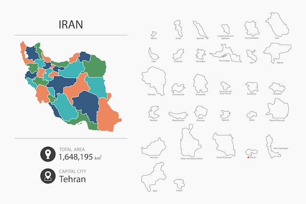 Vecteur carte de l'iran avec carte détaillée du pays éléments cartographiques des superficies totales des villes et de la capitale