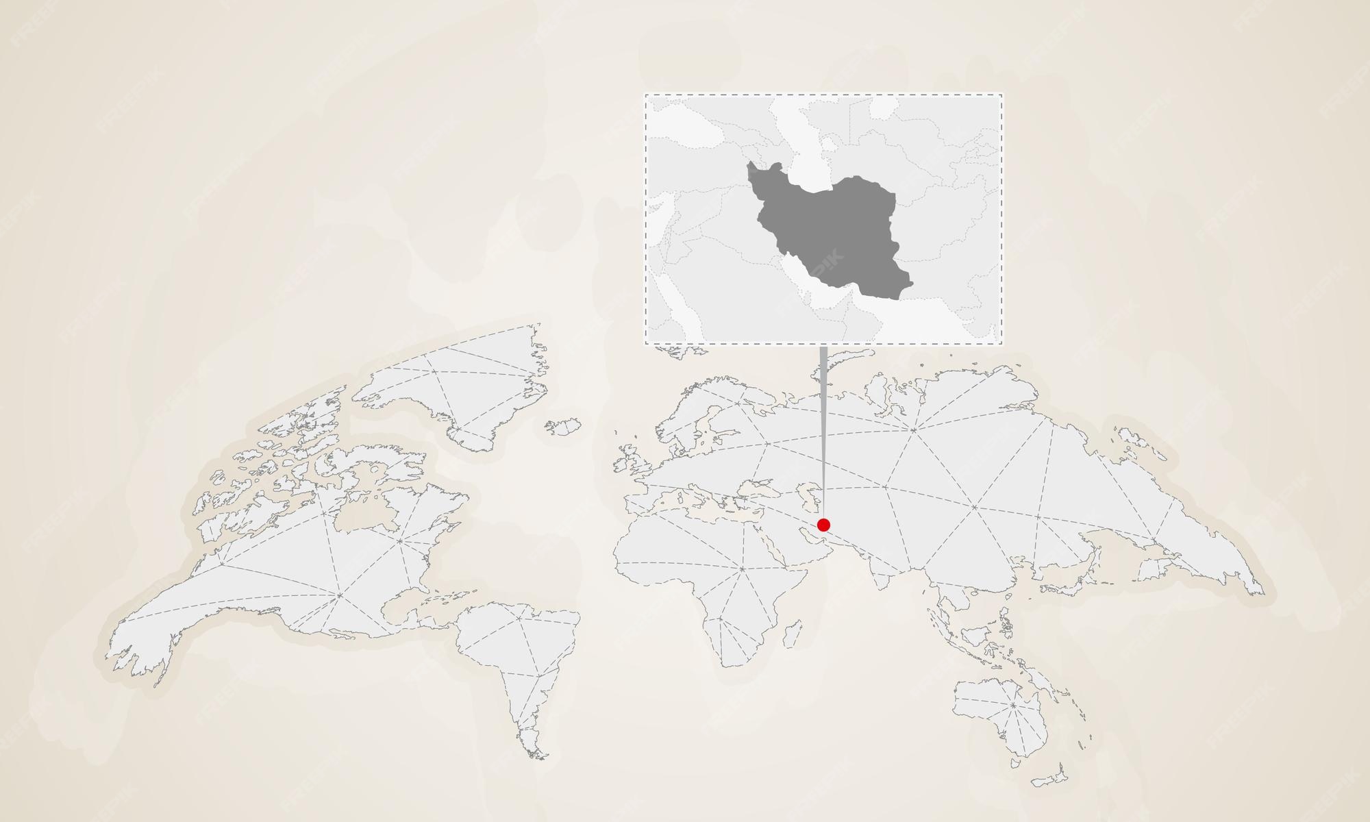 Carte de l'Iran avec les pays voisins épinglée sur la carte du monde