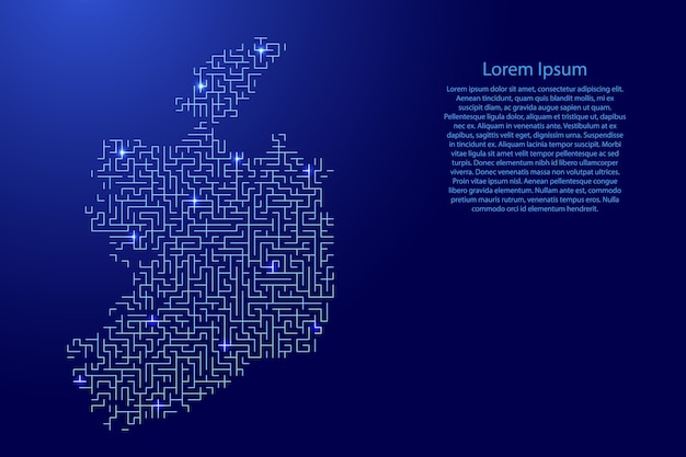 Carte De L'irlande à Partir Du Motif Bleu De La Grille Du Labyrinthe Et De La Grille Des étoiles De L'espace Lumineux.