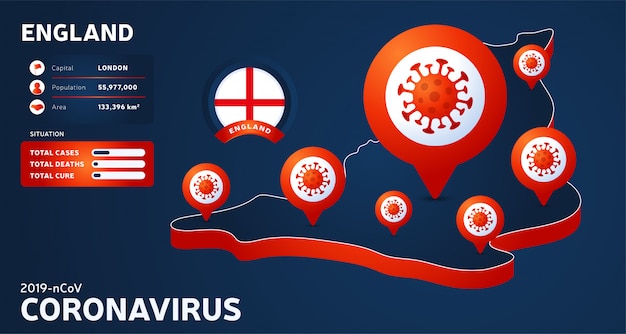 Vecteur carte isométrique de l'angleterre avec illustration de pays en surbrillance sur fond sombre. statistiques sur les coronavirus. virus corona ncov chinois dangereux. infographie et informations sur le pays.