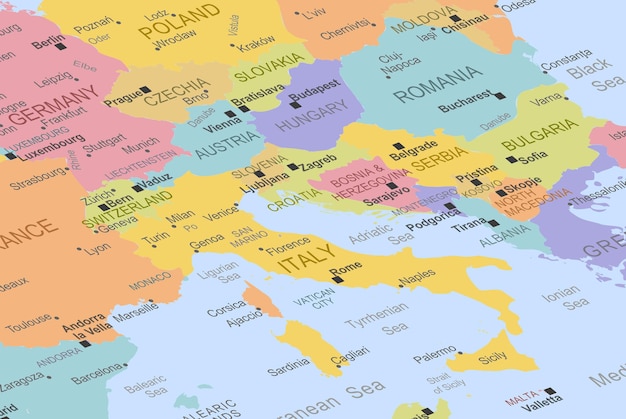 Carte de l'Italie au milieu de l'Europe, gros plan sur l'Italie, idée de voyage, destination, concept de vacances