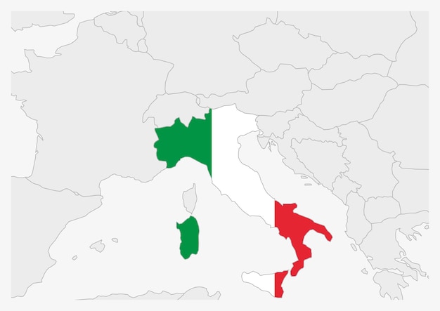 Carte de l'Italie mise en évidence dans les couleurs du drapeau de l'Italie, carte grise avec les pays voisins