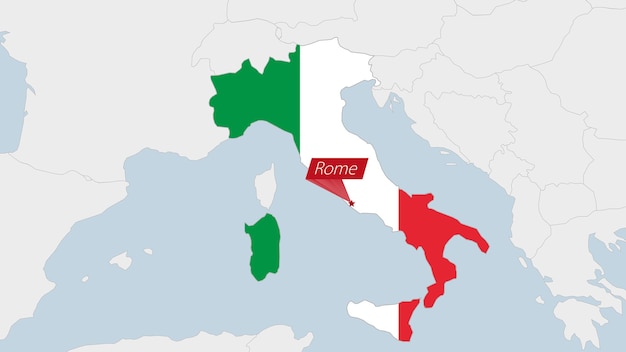 Carte de l'Italie mise en évidence dans les couleurs du drapeau italien et épingle de la capitale du pays Rome