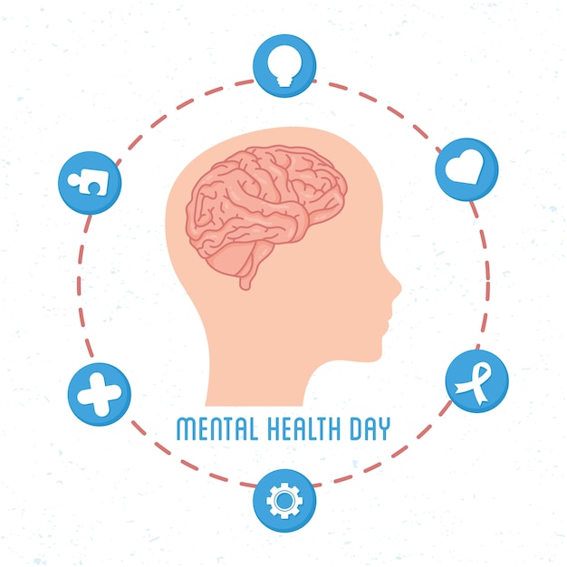 Carte De Jour De La Santé Mentale Avec Cerveau Dans Le Profil De La Tête Humaine Et Définir Des Icônes