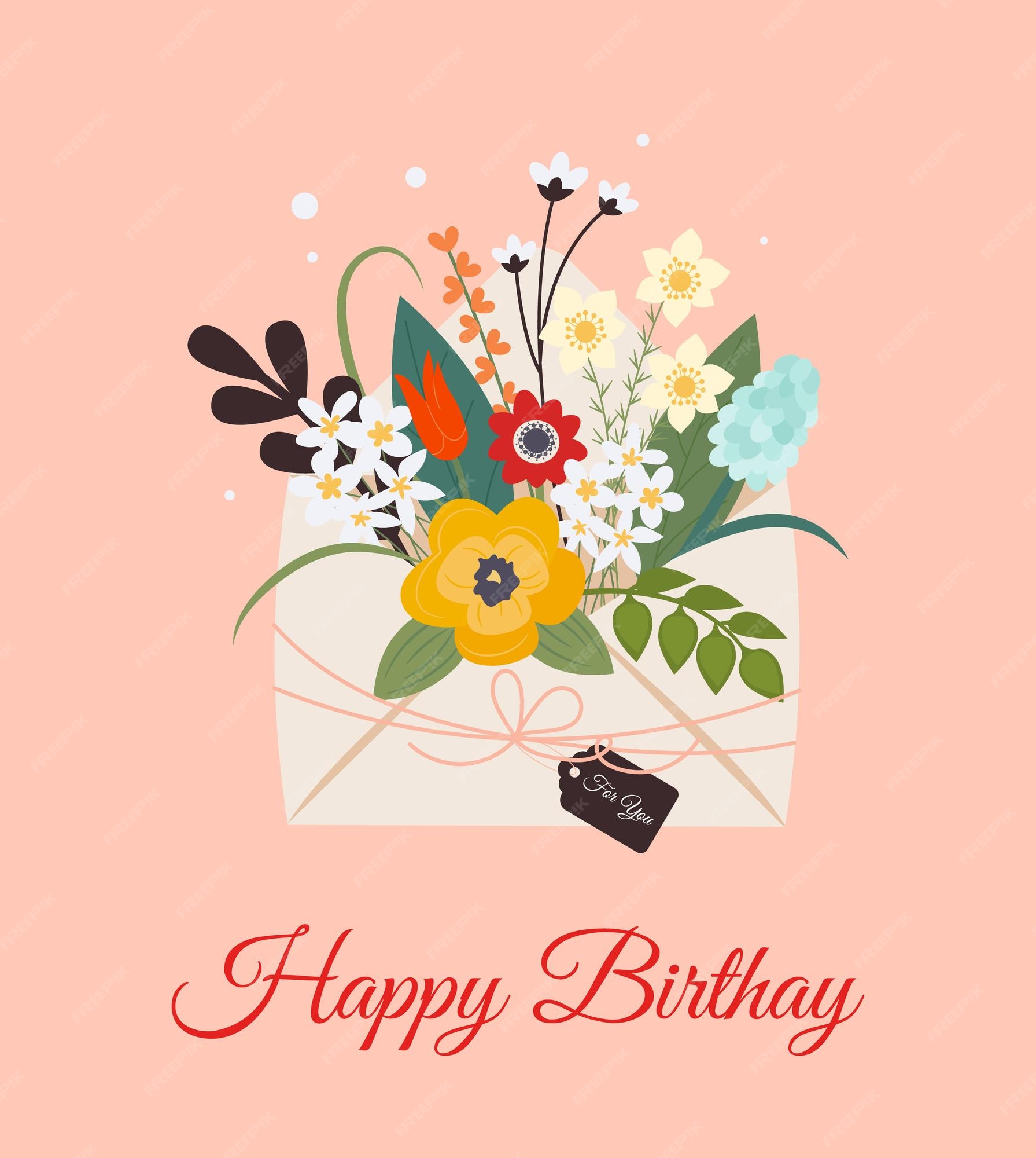 Carte De Joyeux Anniversaire Bouquet De Fleurs Printanières à L'intérieur  De L'enveloppe Et étiquette Avec Amour | Vecteur Premium