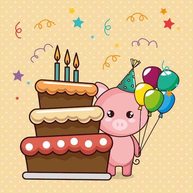 Vecteur carte de joyeux anniversaire avec cochon mignon