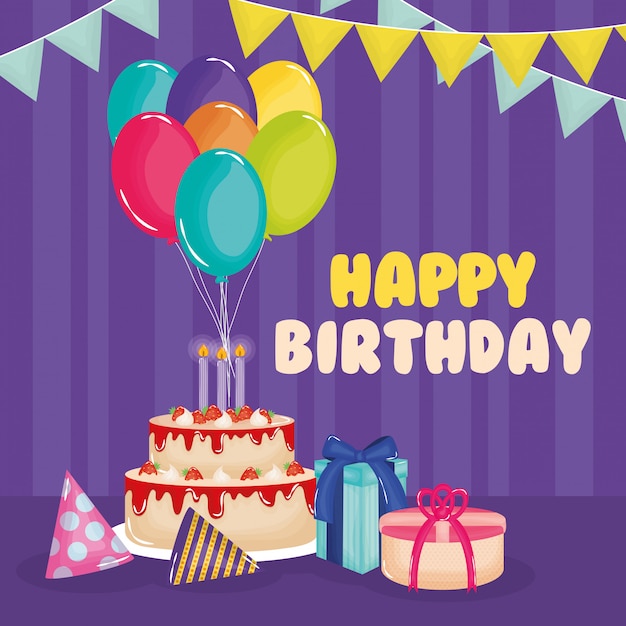 Carte de joyeux anniversaire avec un gâteau, des cadeaux et des ballons à l&#39;hélium