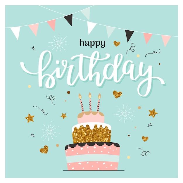 Vecteur carte de joyeux anniversaire avec gâteau et calligraphie modèle d'illustration vectorielle mignon et élégant style minimaliste tendance