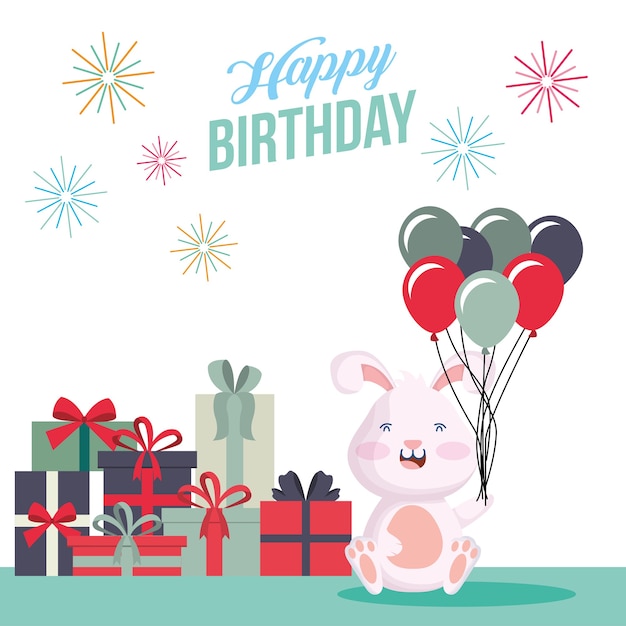 Carte de joyeux anniversaire avec lapin et cadeaux partie scène vector illustration design