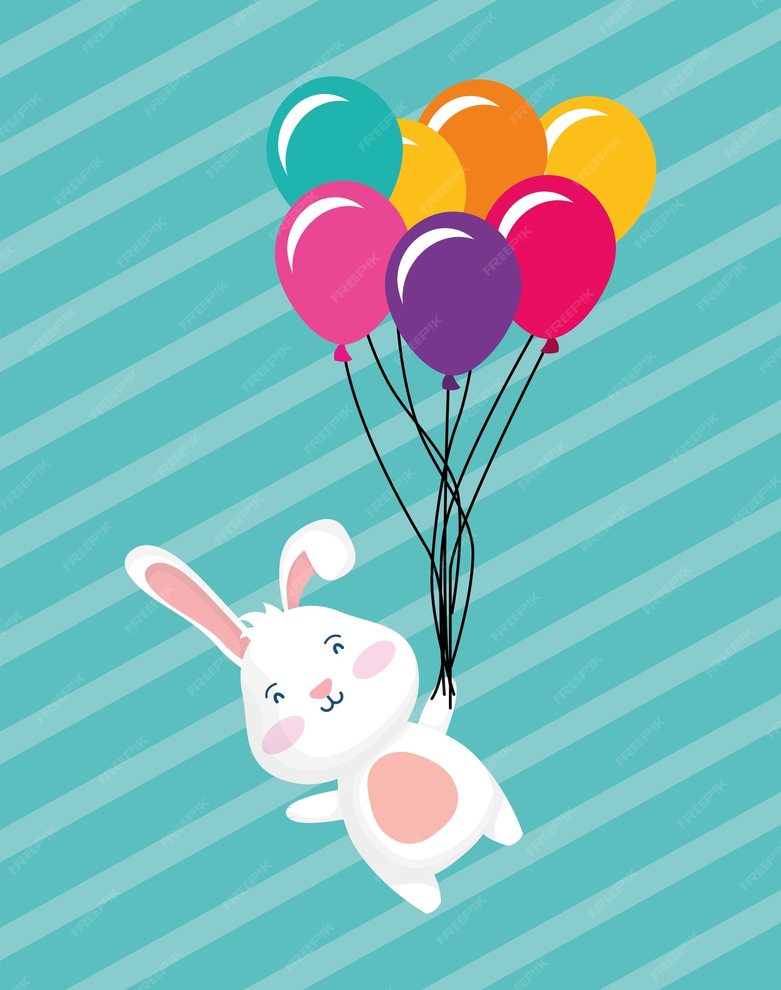 Carte De Joyeux Anniversaire Avec Lapin Flottant Dans Des Ballons Hélium  Scène Vector Illustration Design