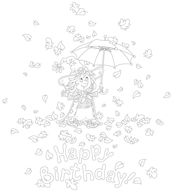 Carte De Joyeux Anniversaire Avec Une Petite Sorcière Et Un Parapluie Jouet Sous Les Feuilles D'automne Qui Tombent Et Tourbillonnent