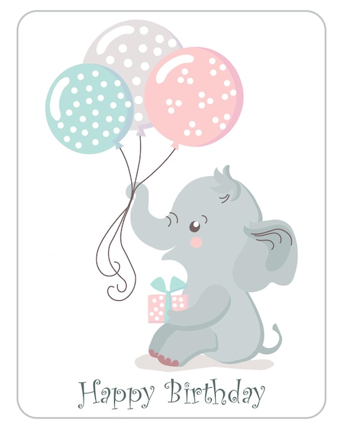 Carte Joyeux Anniversaire Pour Enfants Bébé éléphant Avec Ballons Couleurs Pastel