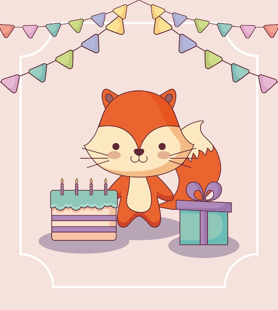 Carte De Joyeux Anniversaire Renard Mignon Avec Cadeau Et Icônes