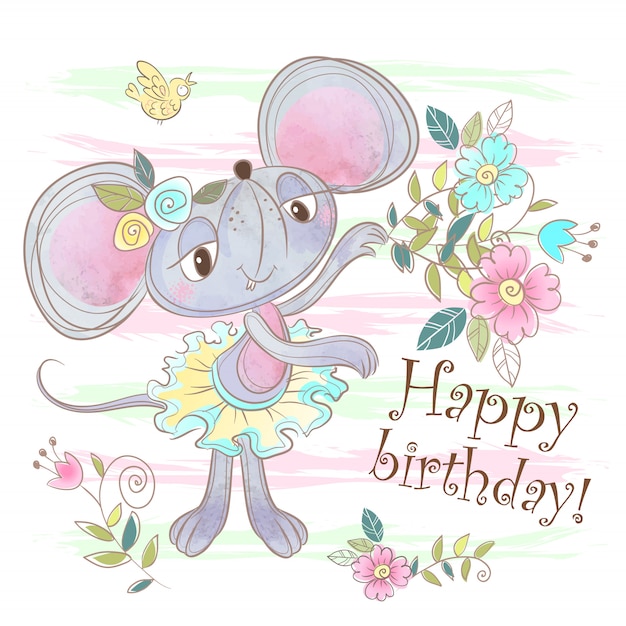 Carte De Joyeux Anniversaire Avec Une Souris Mignonne.